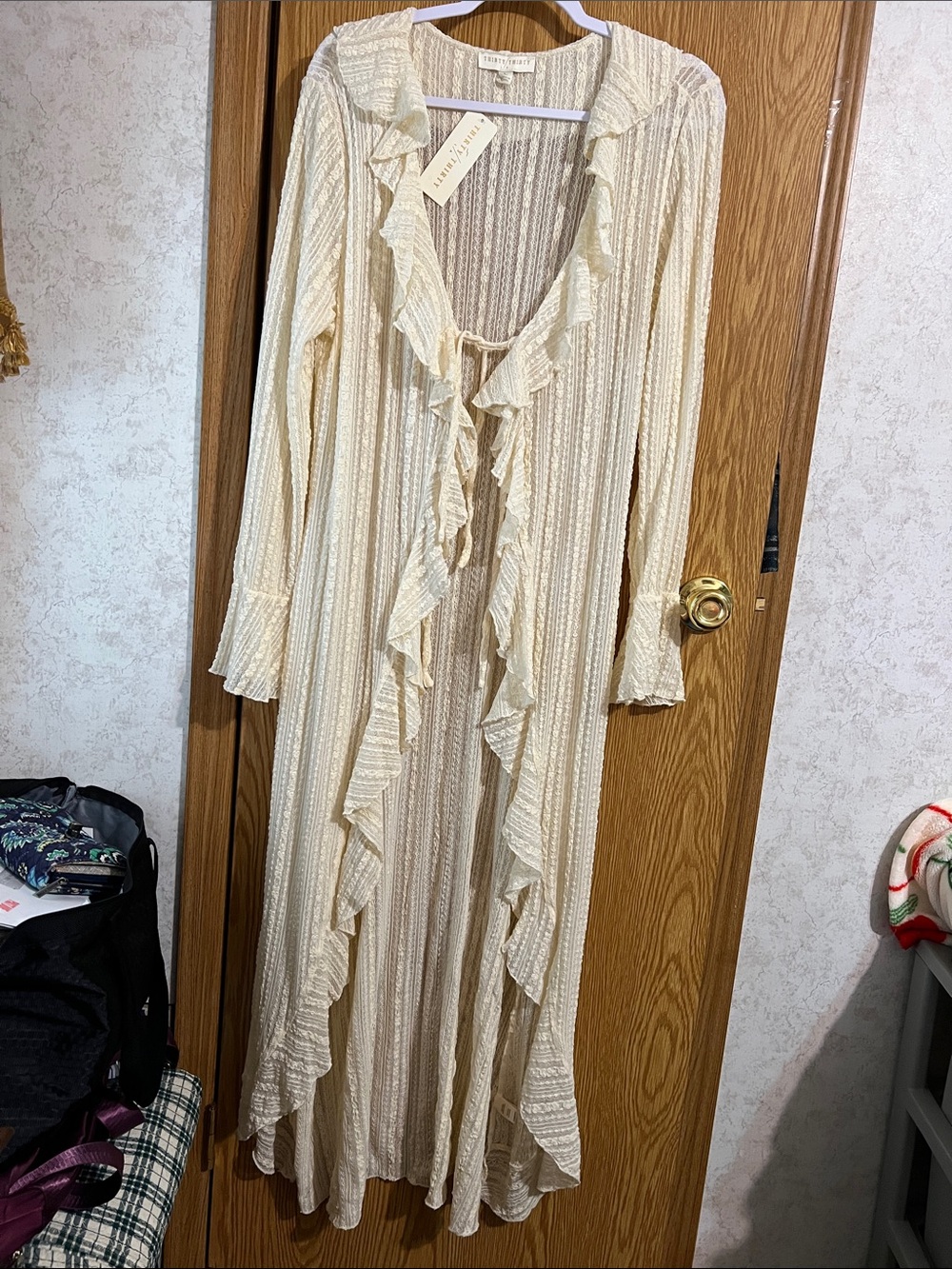 LoveShackFancy Cream Ruffled Tie-Front Maxi boho sweater Dress? Sz L